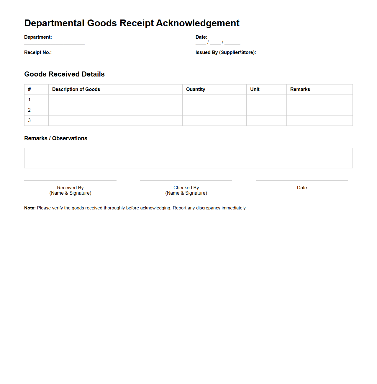 Departmental Goods Receipt Acknowledgement Sample