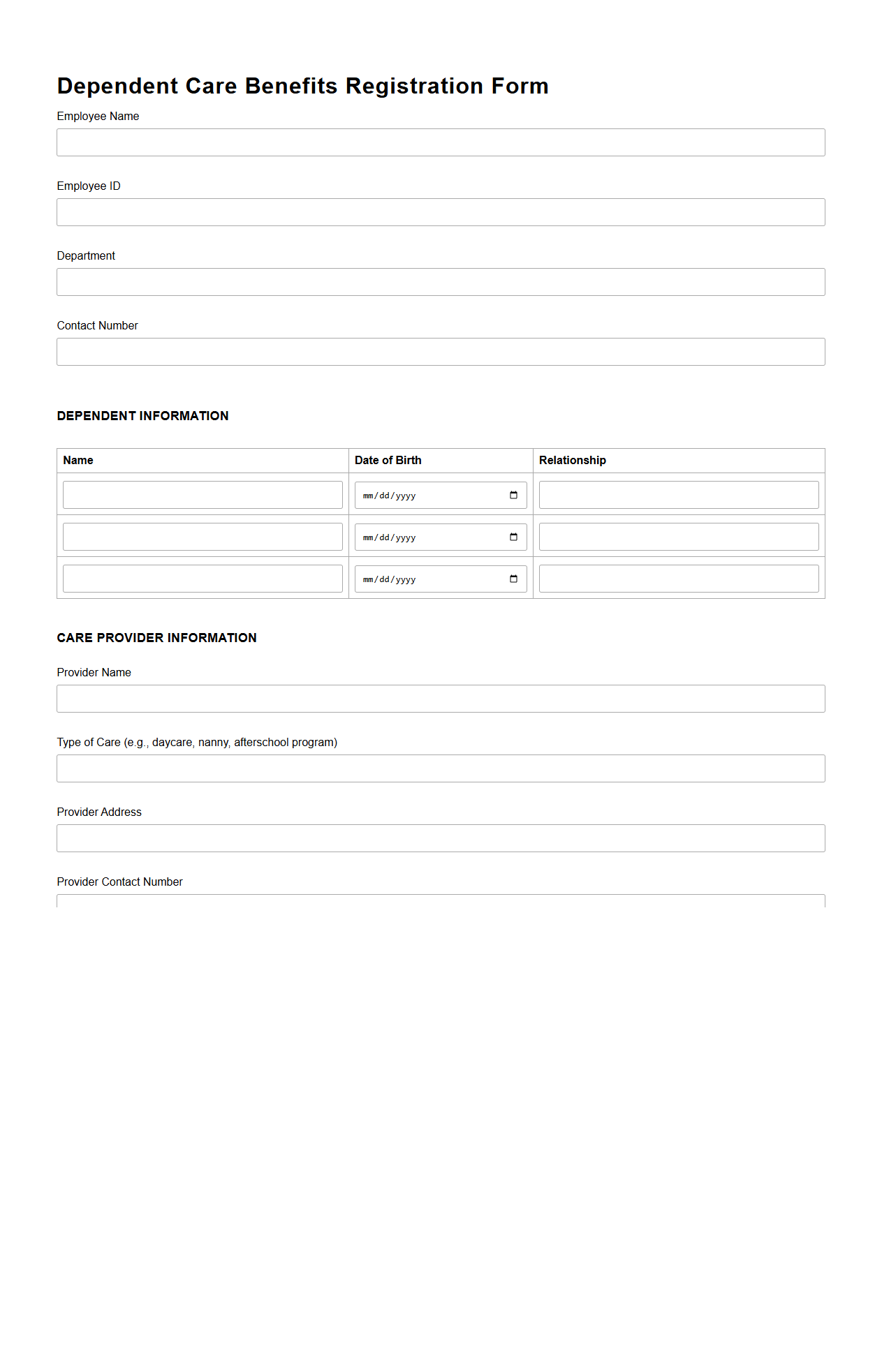 Dependent Care Benefits Registration Form for HR Use