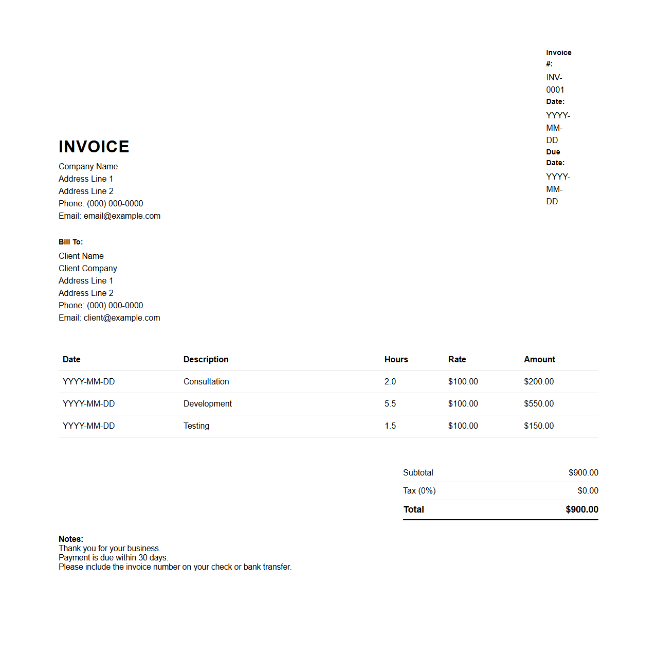 Detailed Hourly Billing Invoice Format