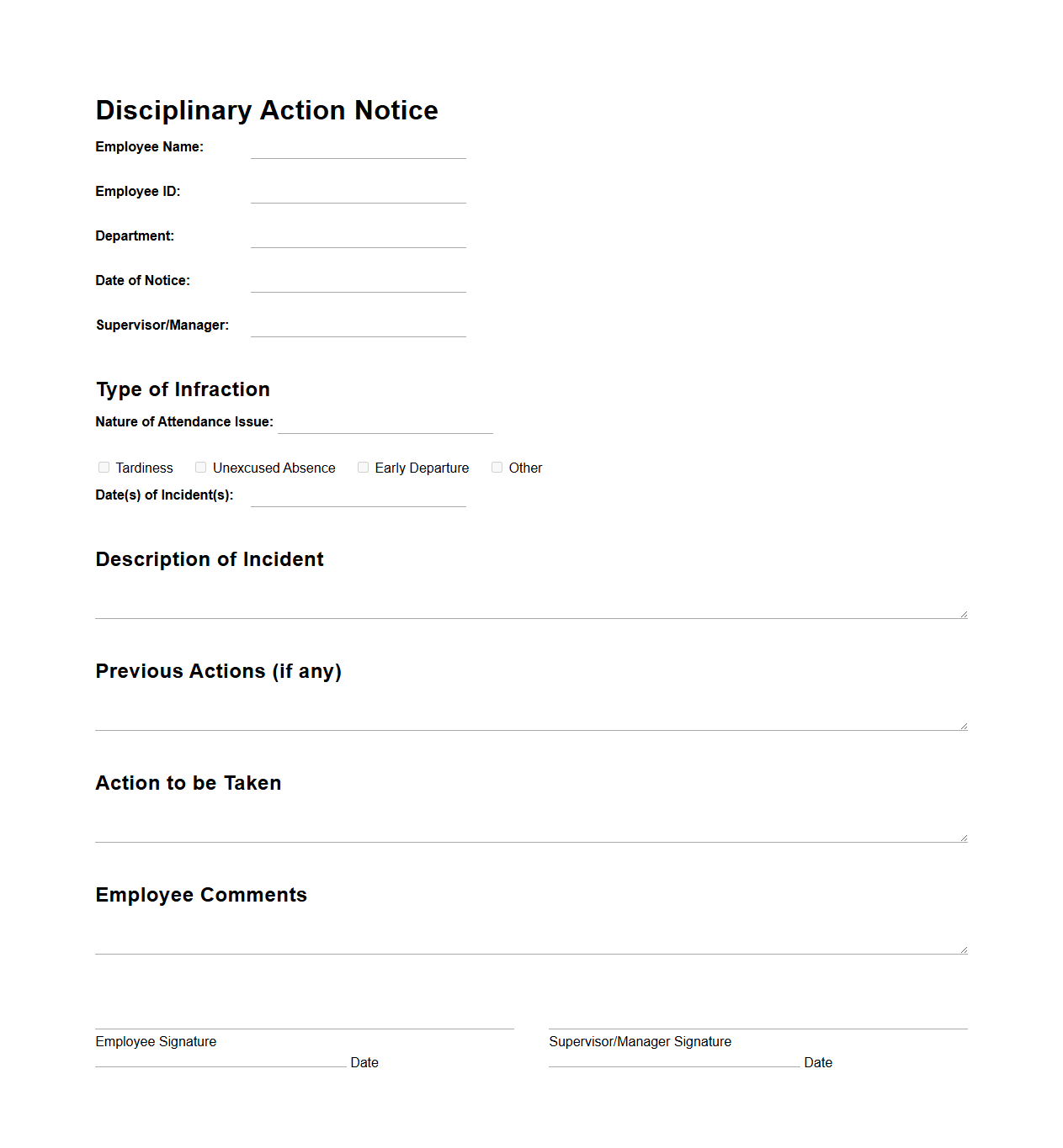 Disciplinary Action Notice for Attendance Issues