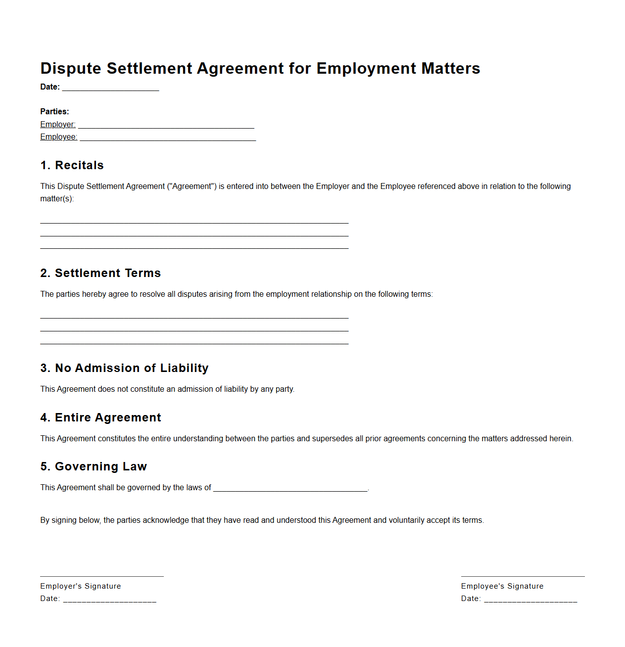 Dispute Settlement Agreement for Employment Matters