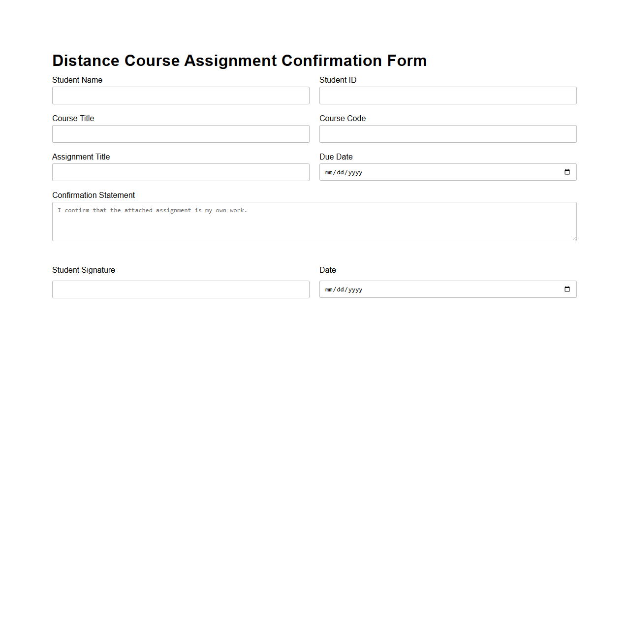 Distance Course Assignment Confirmation Form