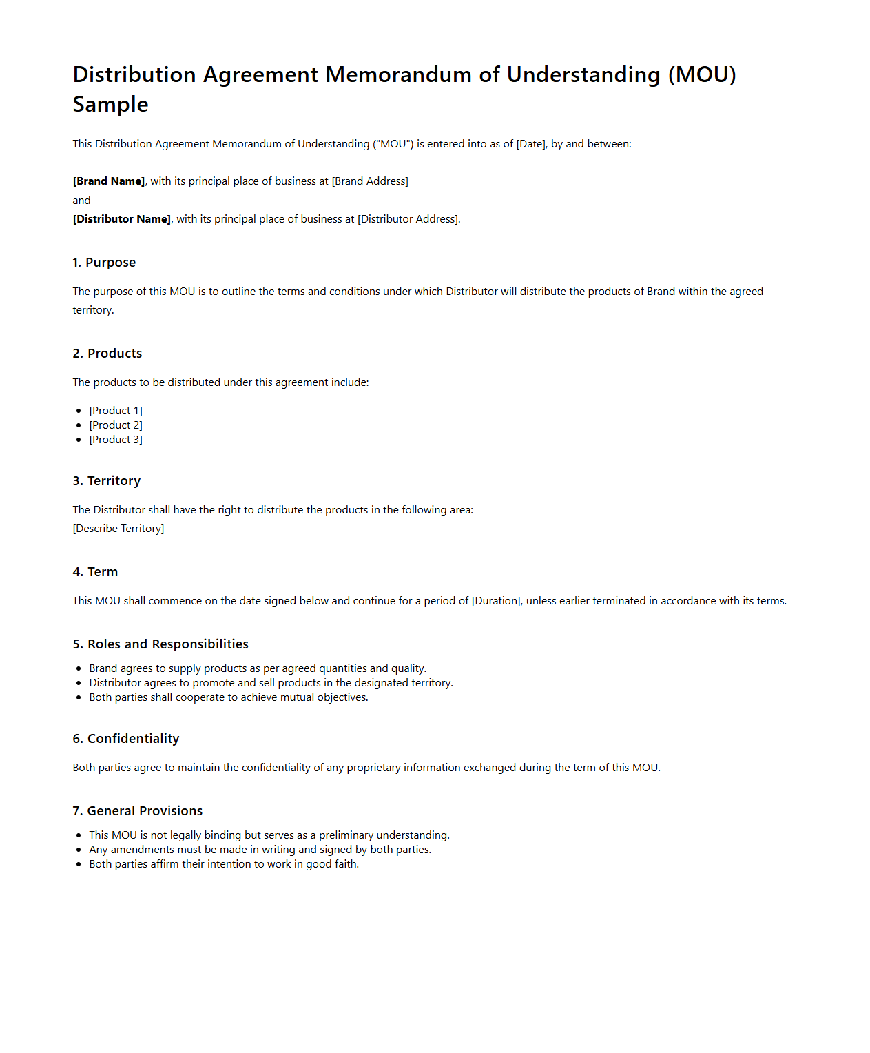 Distribution Agreement MOU Sample for Brands