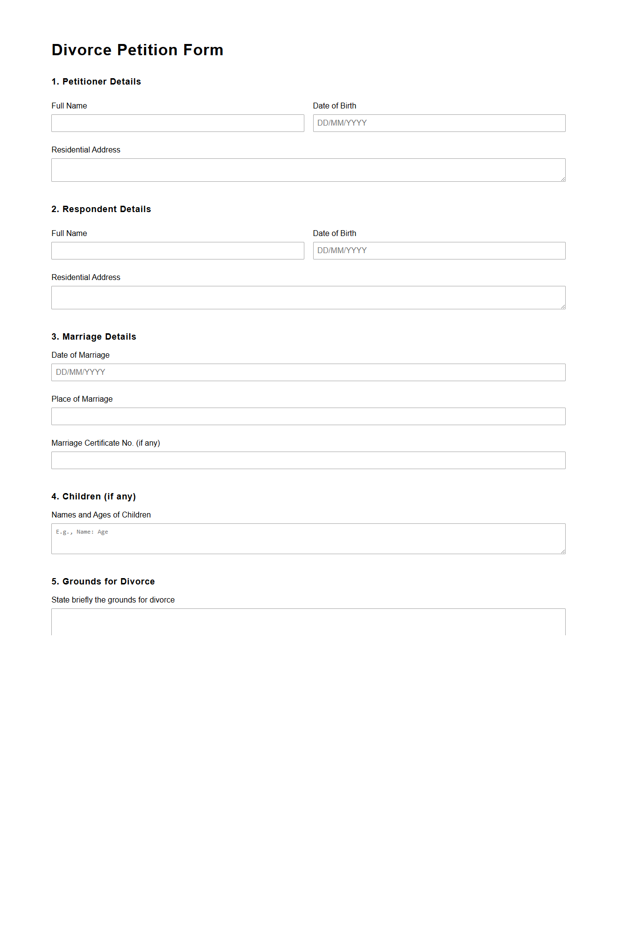 Divorce Petition Form Sample for Family Court