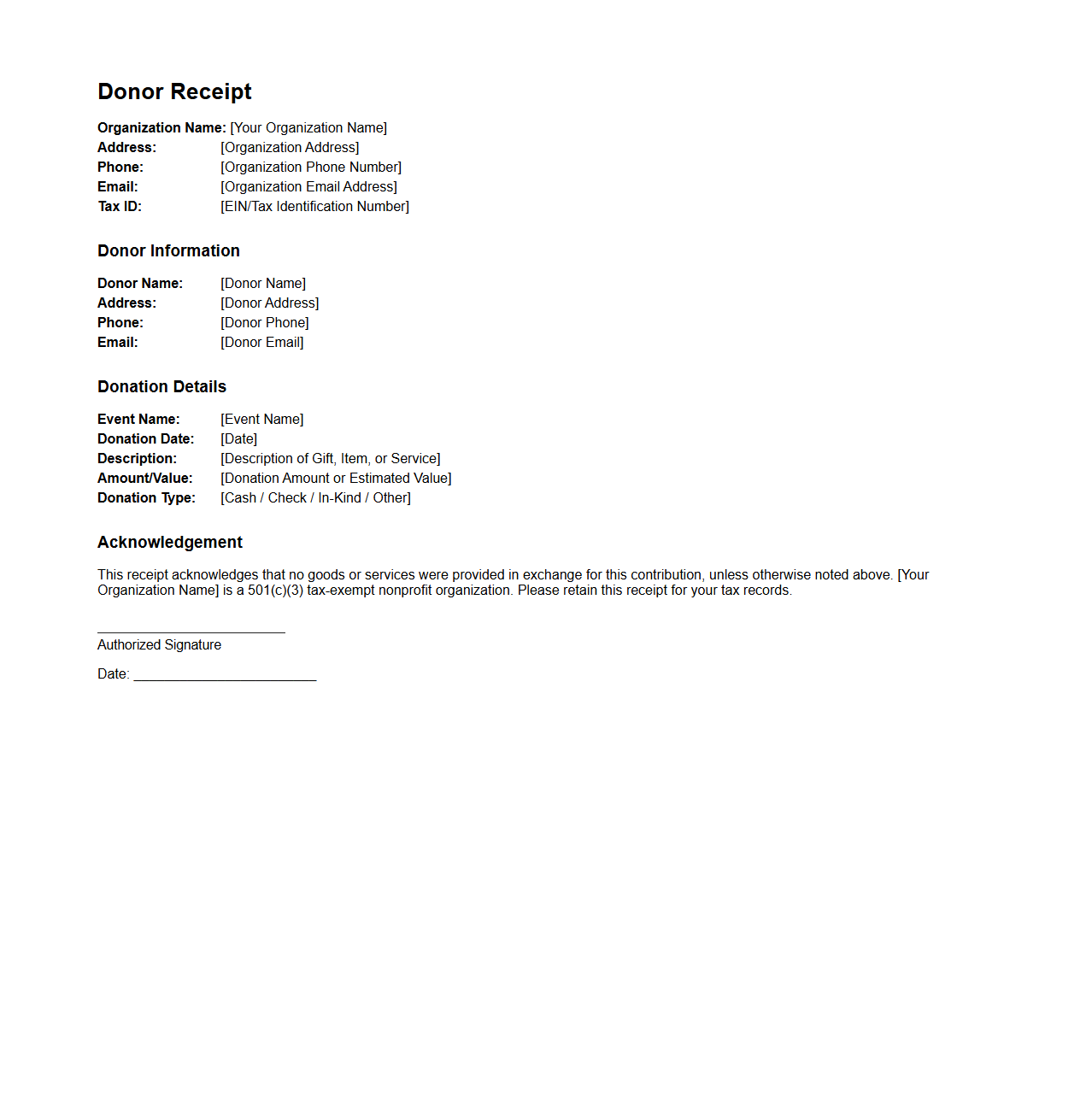 Donor Receipt Sample for Fundraising Events