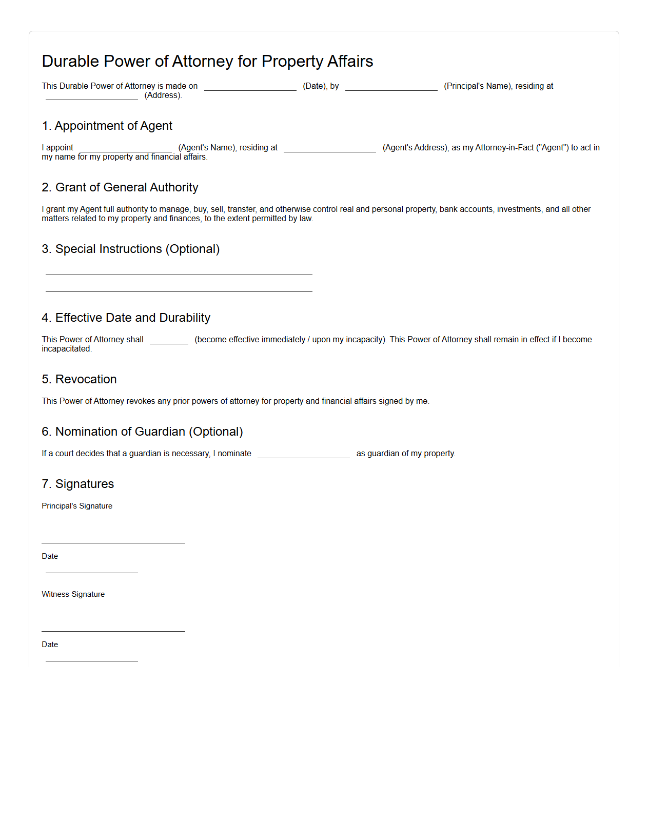 Durable Power of Attorney for Property Affairs