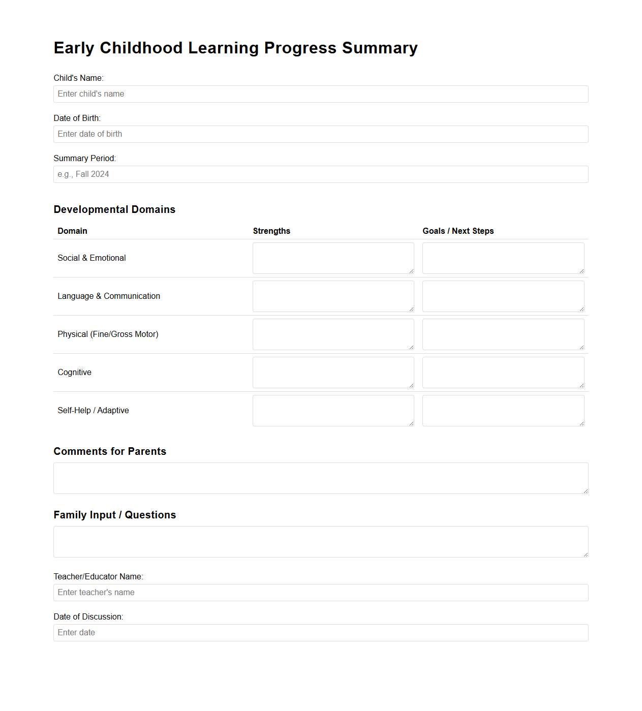 Early Childhood Learning Progress Summary for Parent Discussions