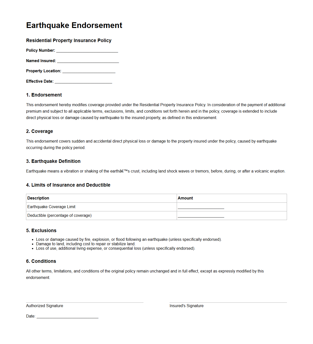 Earthquake Endorsement for Residential Property Insurance
