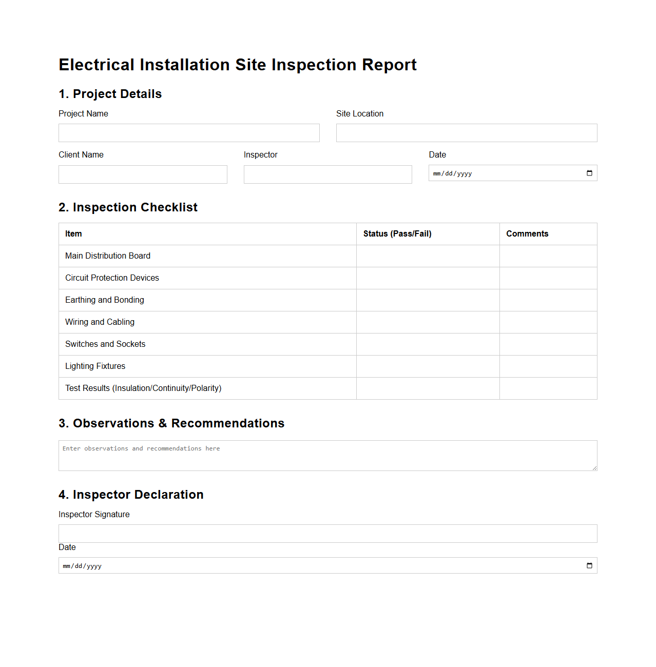 Electrical Installation Site Inspection Report