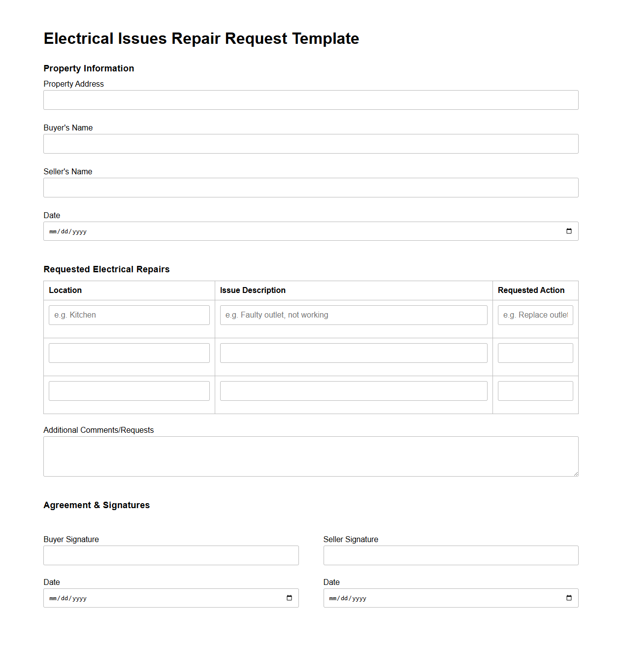 Electrical Issues Repair Request Template for Home Buyers