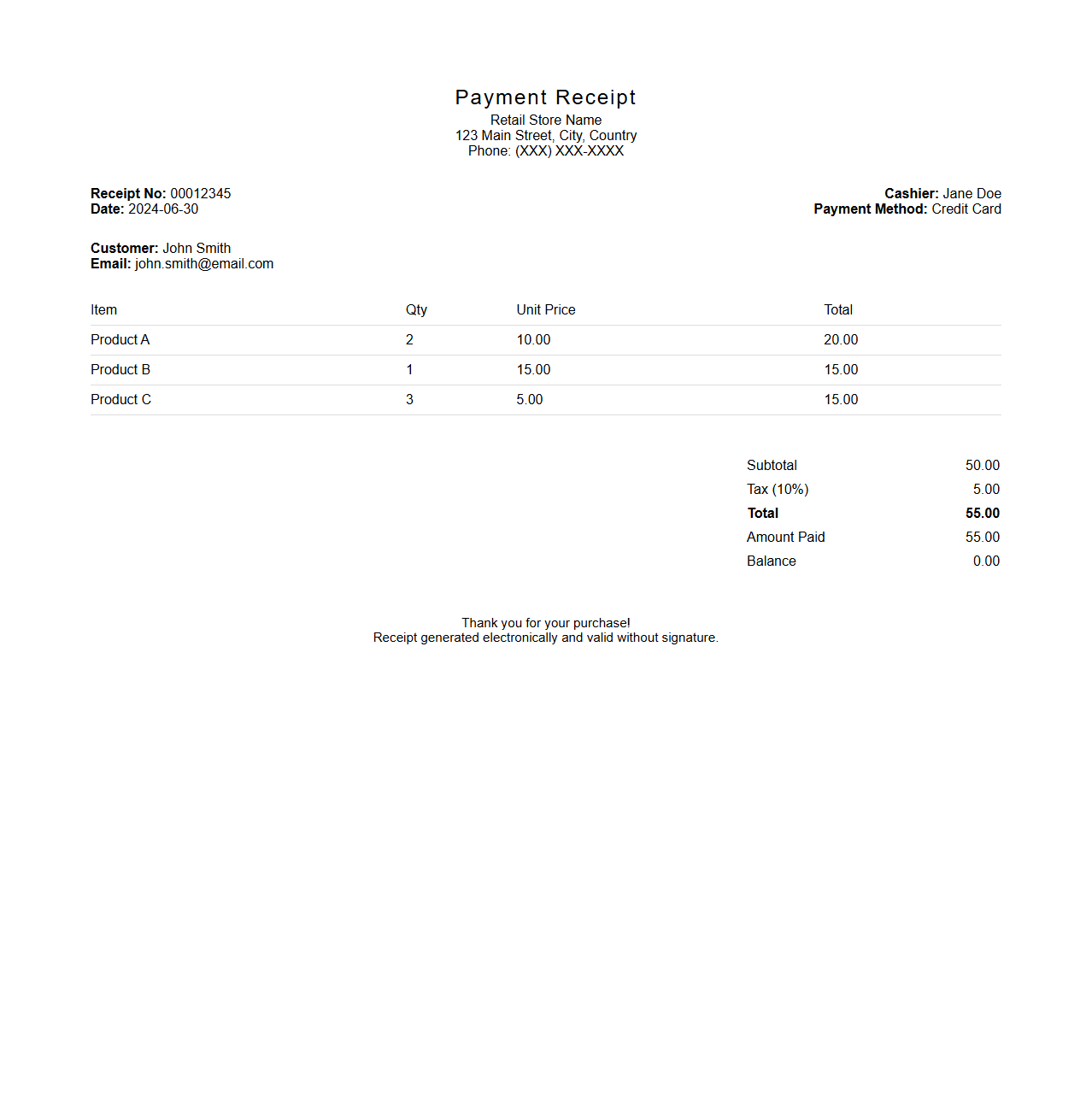 Electronic Payment Receipt Layout for Retailers