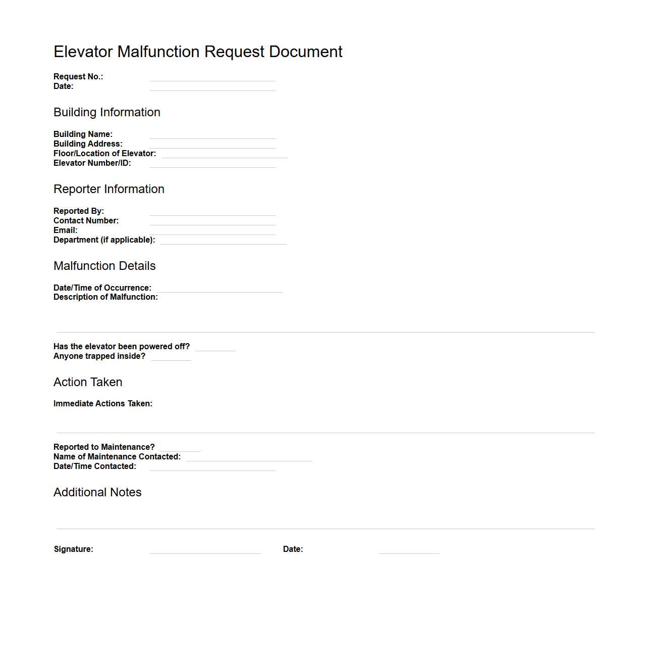 Elevator Malfunction Request Document Sample