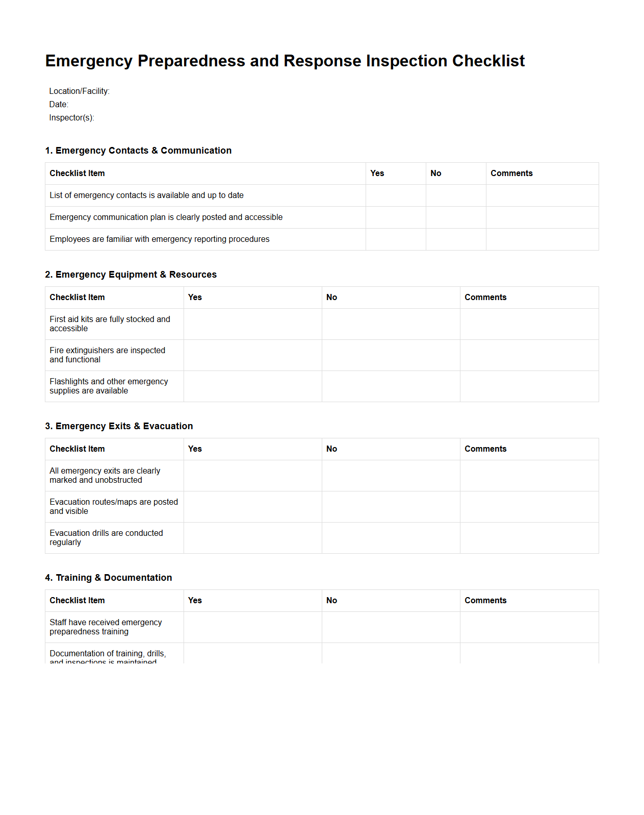 Emergency Preparedness and Response Inspection Checklist