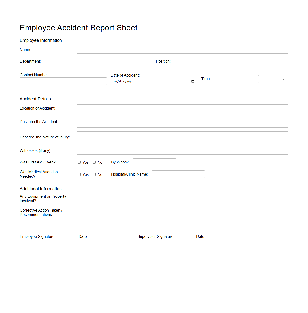 Employee Accident Report Sheet for Hotels