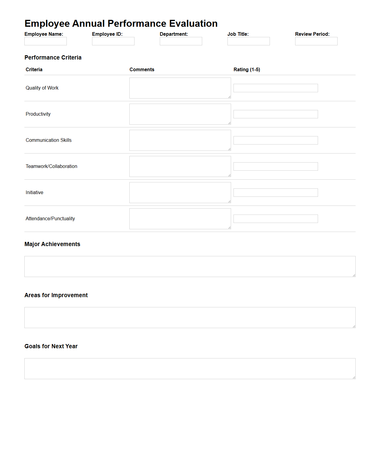 Employee Annual Performance Evaluation Template