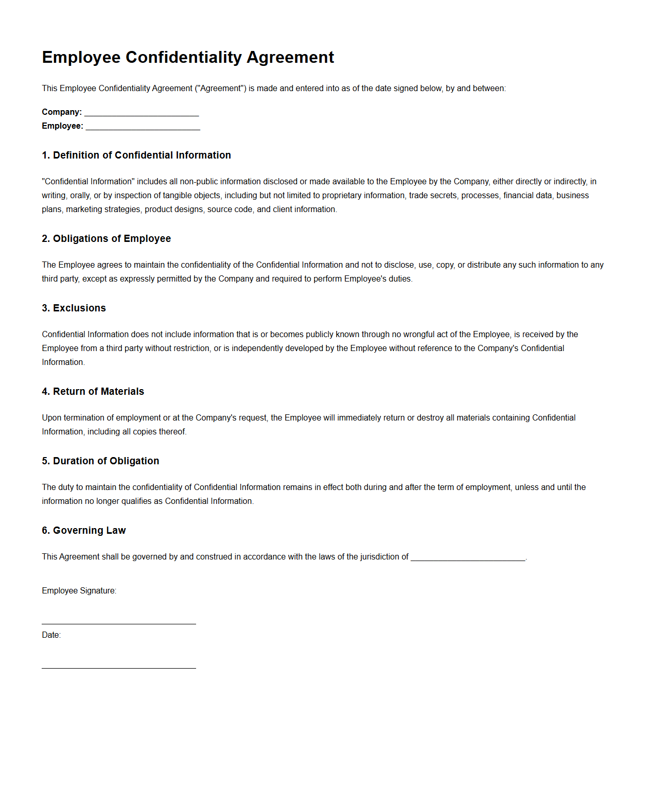 Employee Confidentiality Agreement for Proprietary Information