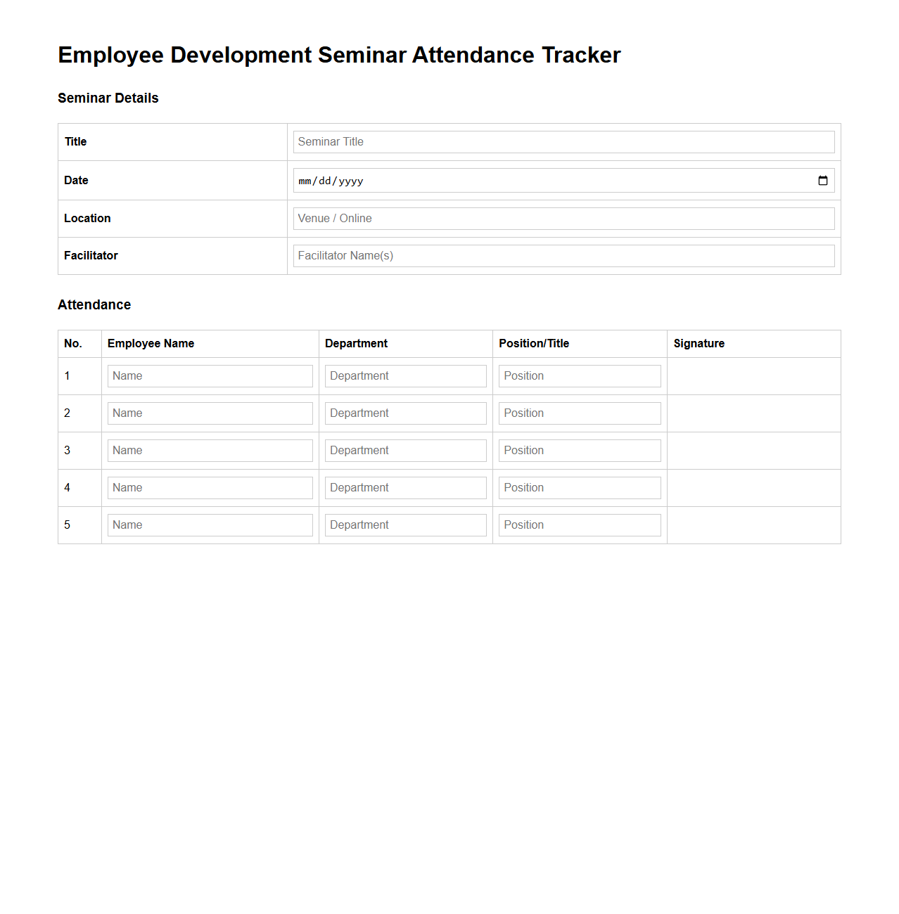 Employee Development Seminar Attendance Tracker