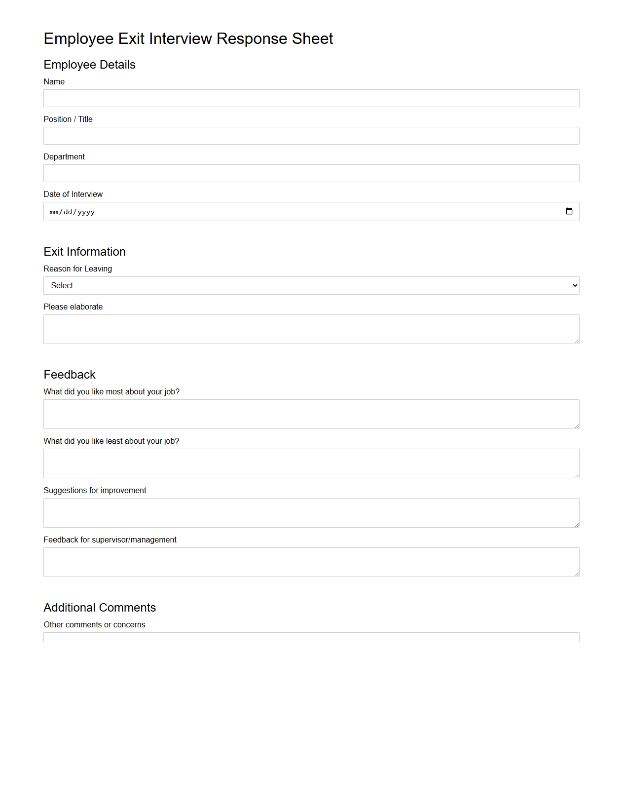 Employee Exit Interview Response Sheet