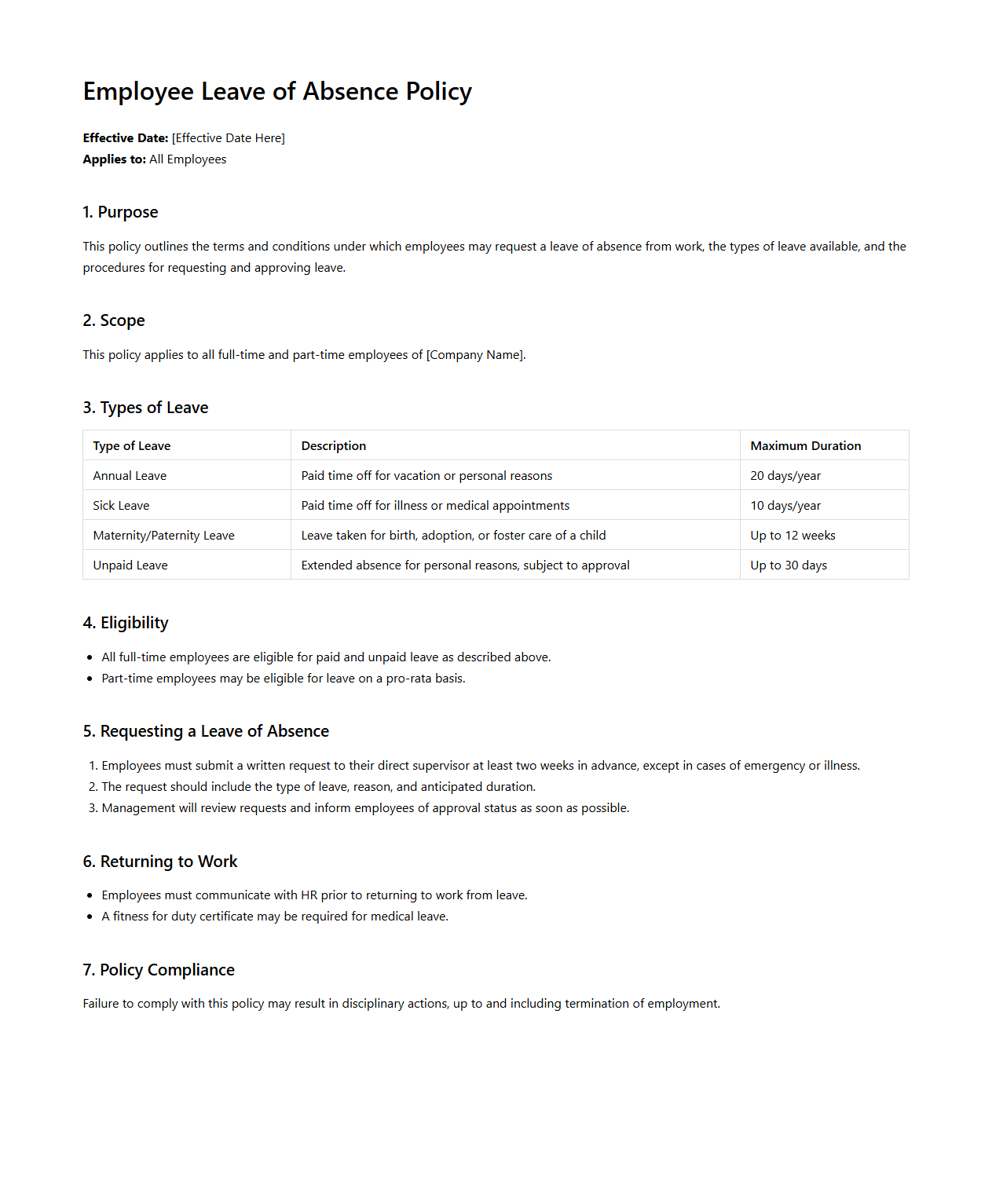 Employee Leave of Absence Policy Example