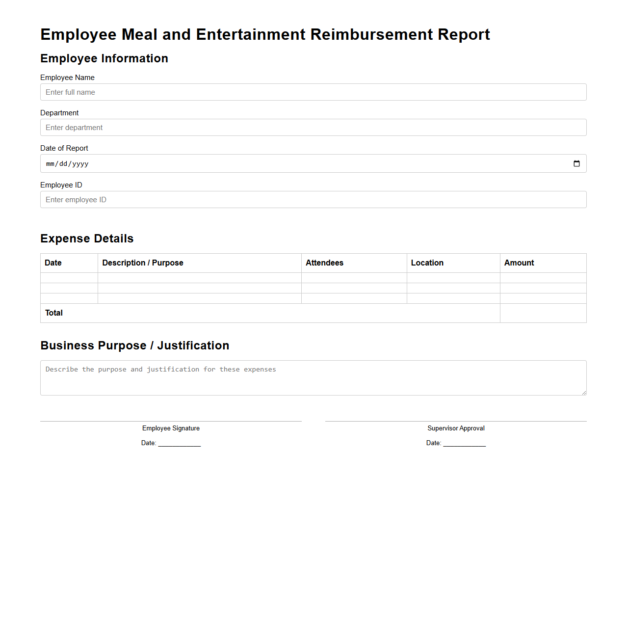 Employee Meal and Entertainment Reimbursement Report Sample