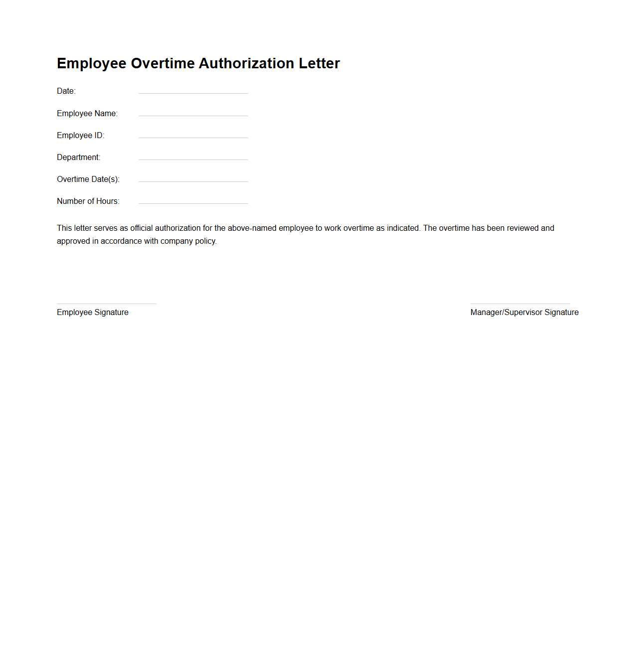 Employee Overtime Authorization Letter