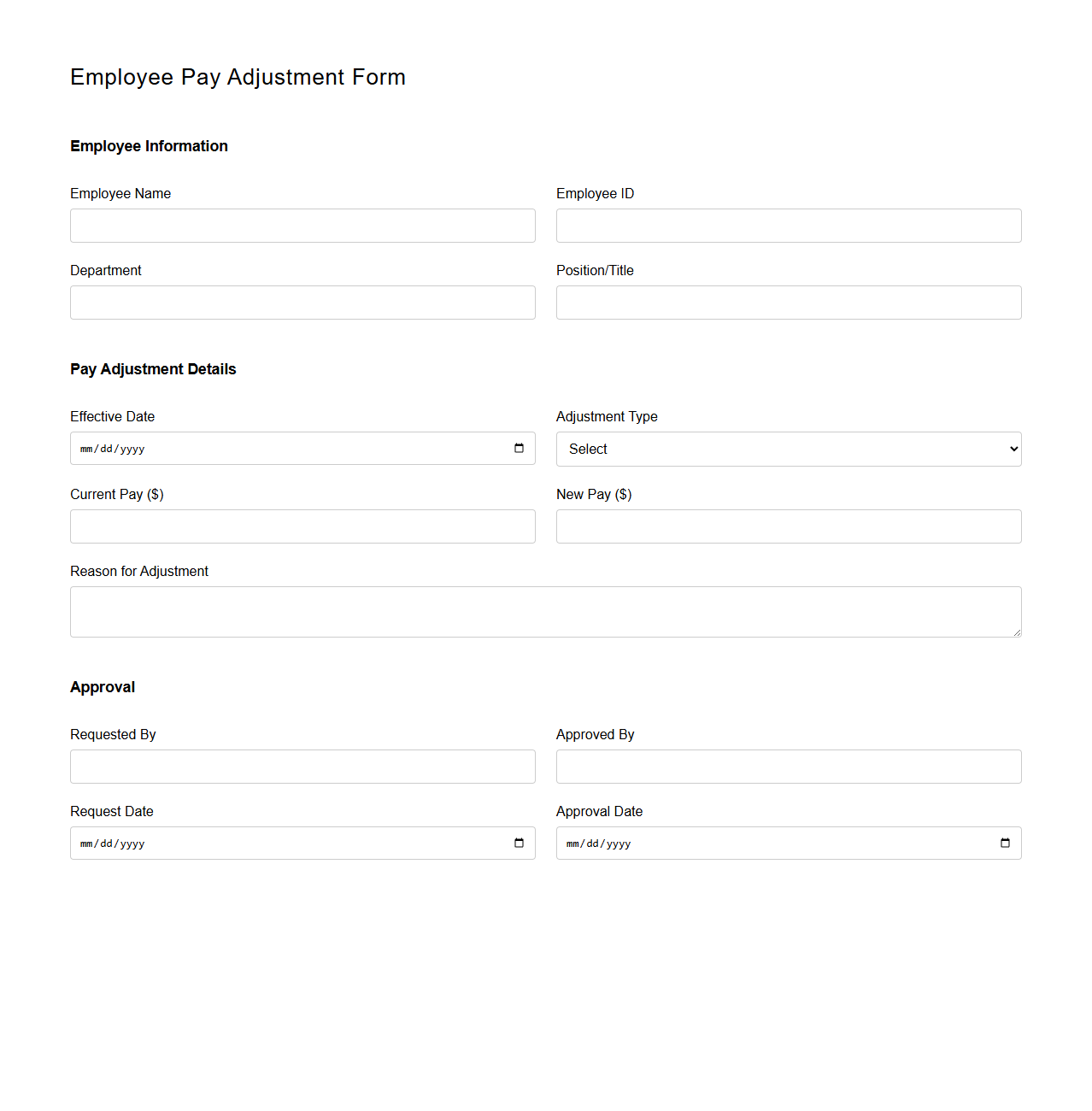 Employee Pay Adjustment Form Sample