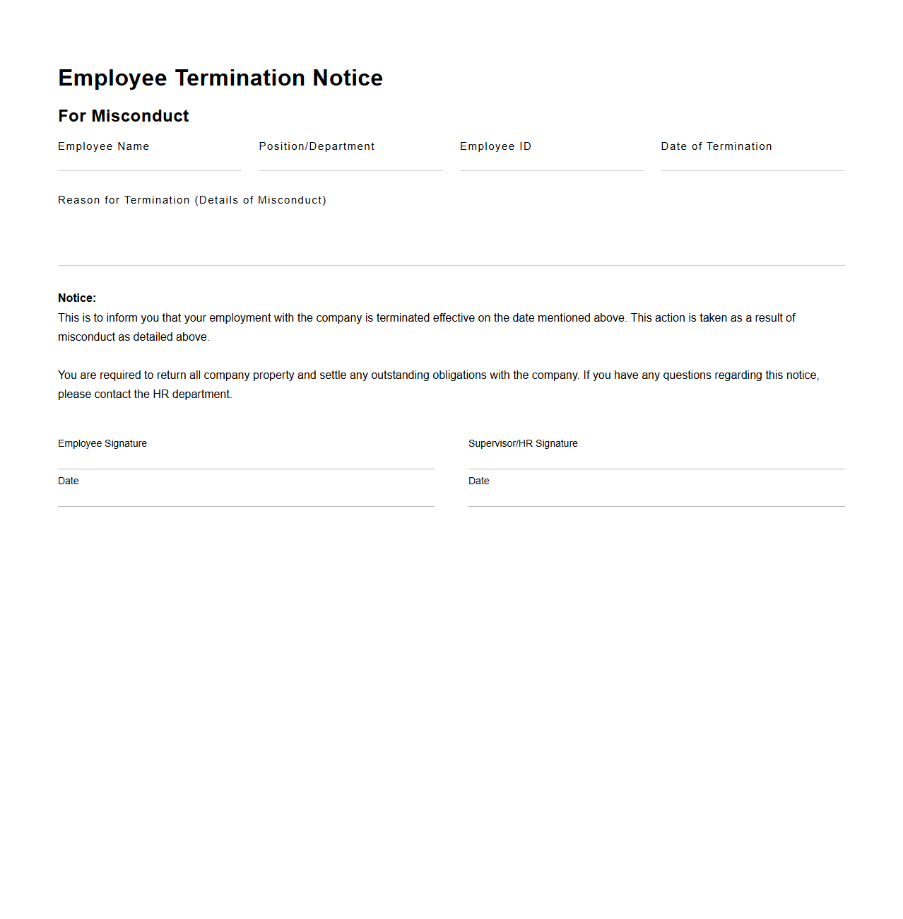 Employee Termination Notice for Misconduct
