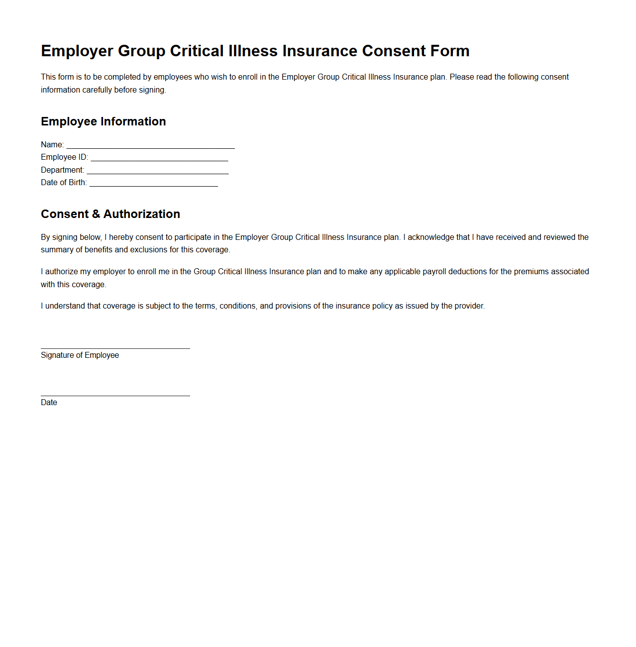 Employer Group Critical Illness Insurance Consent Sample