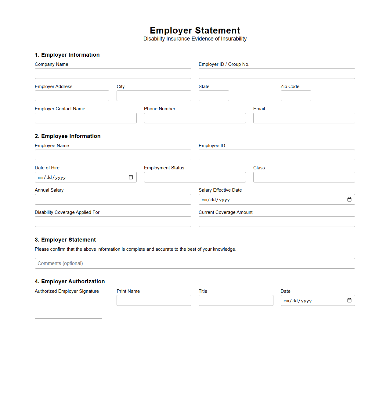 Employer Statement for Disability Insurance Evidence of Insurability