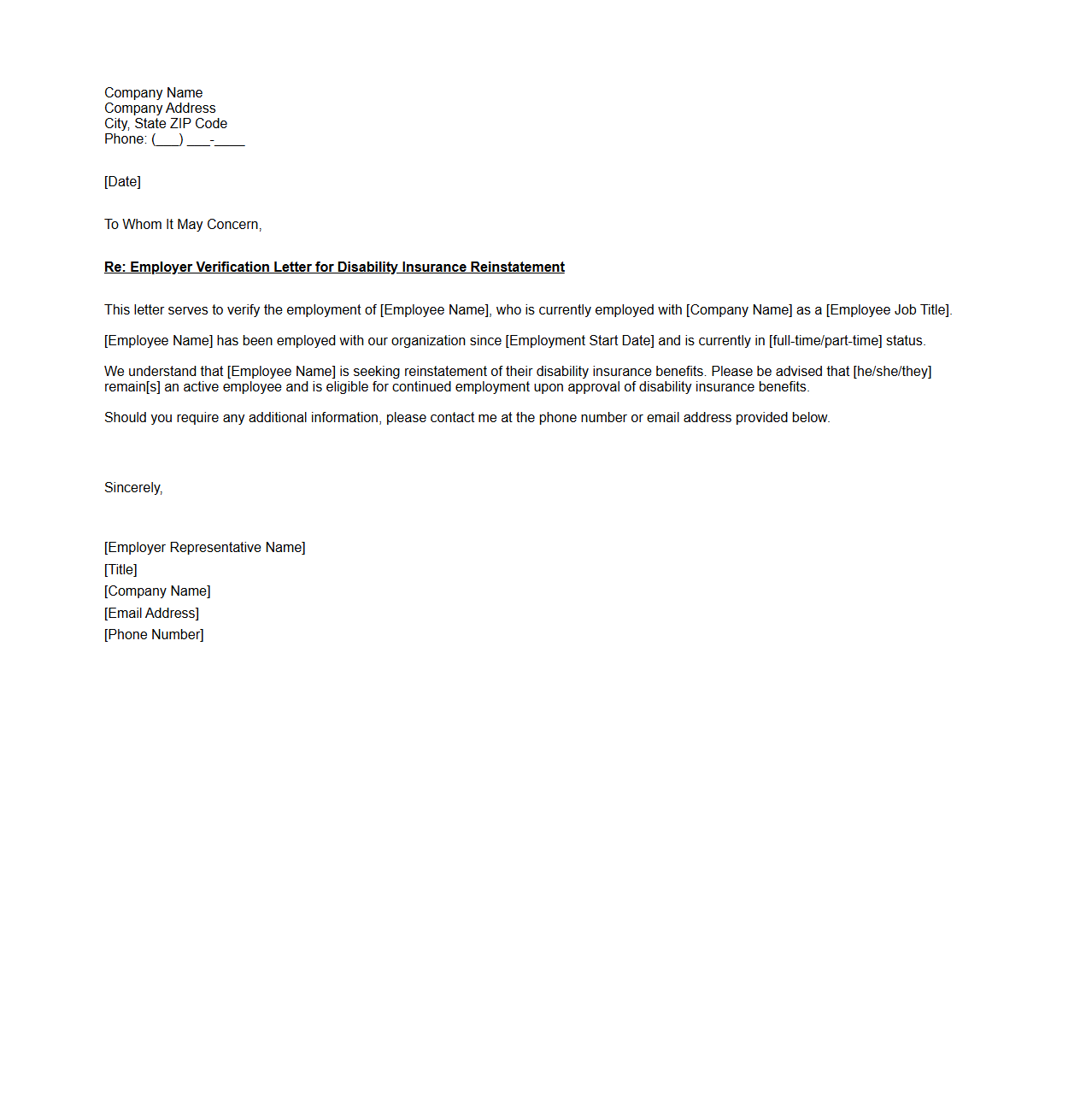 Employer Verification Letter for Disability Insurance Reinstatement