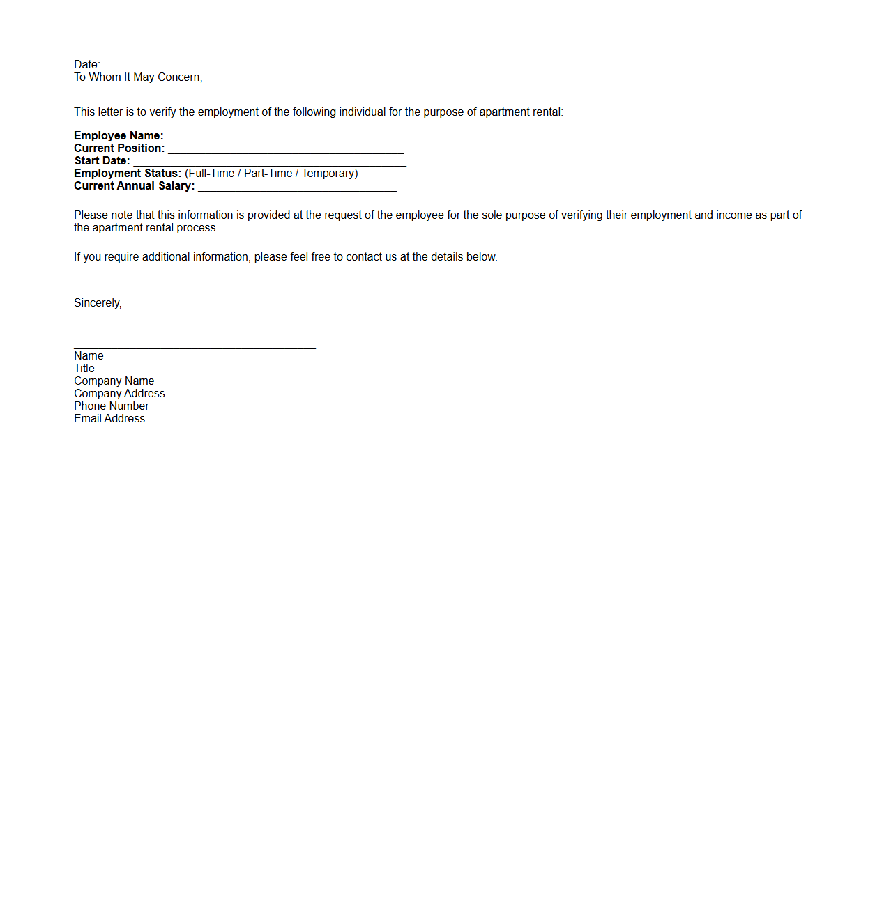 Employment Verification Letter for Apartment Rental