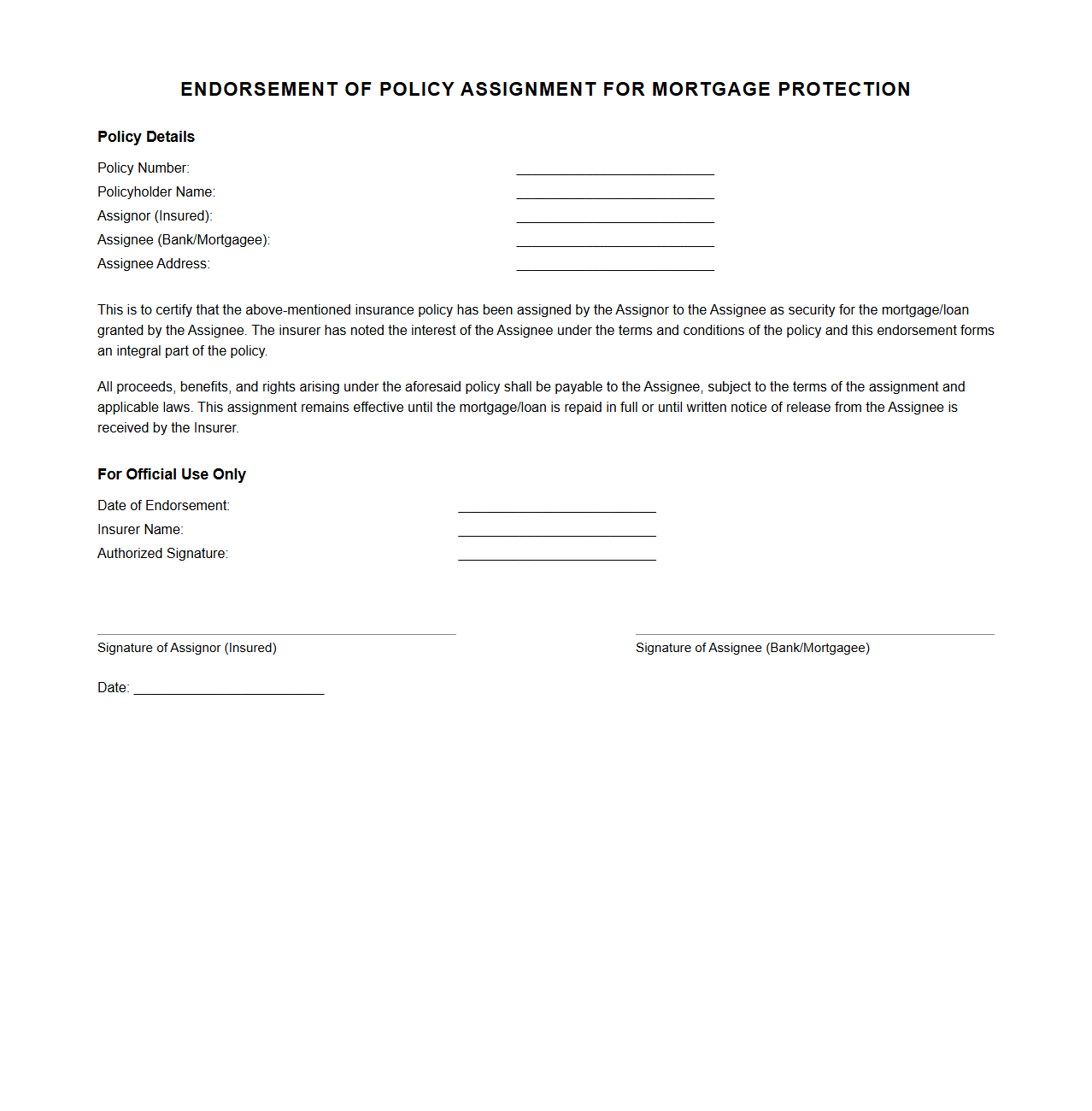 Endorsement of Policy Assignment for Mortgage Protection