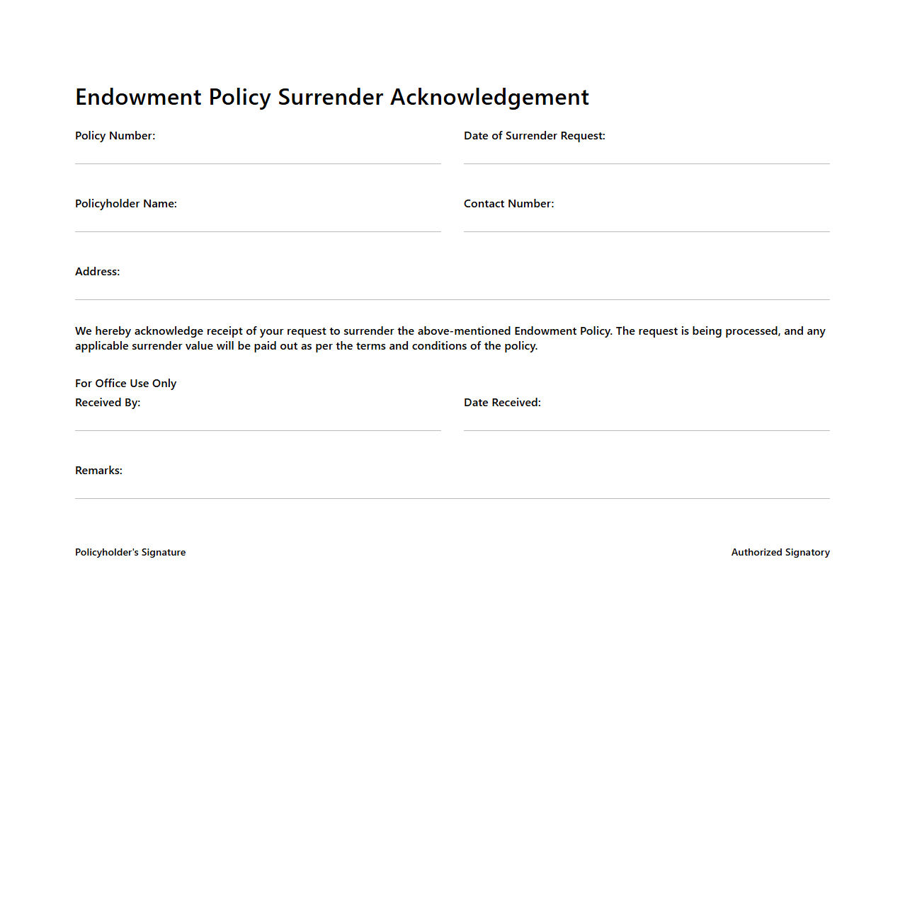 Endowment Policy Surrender Acknowledgement Template