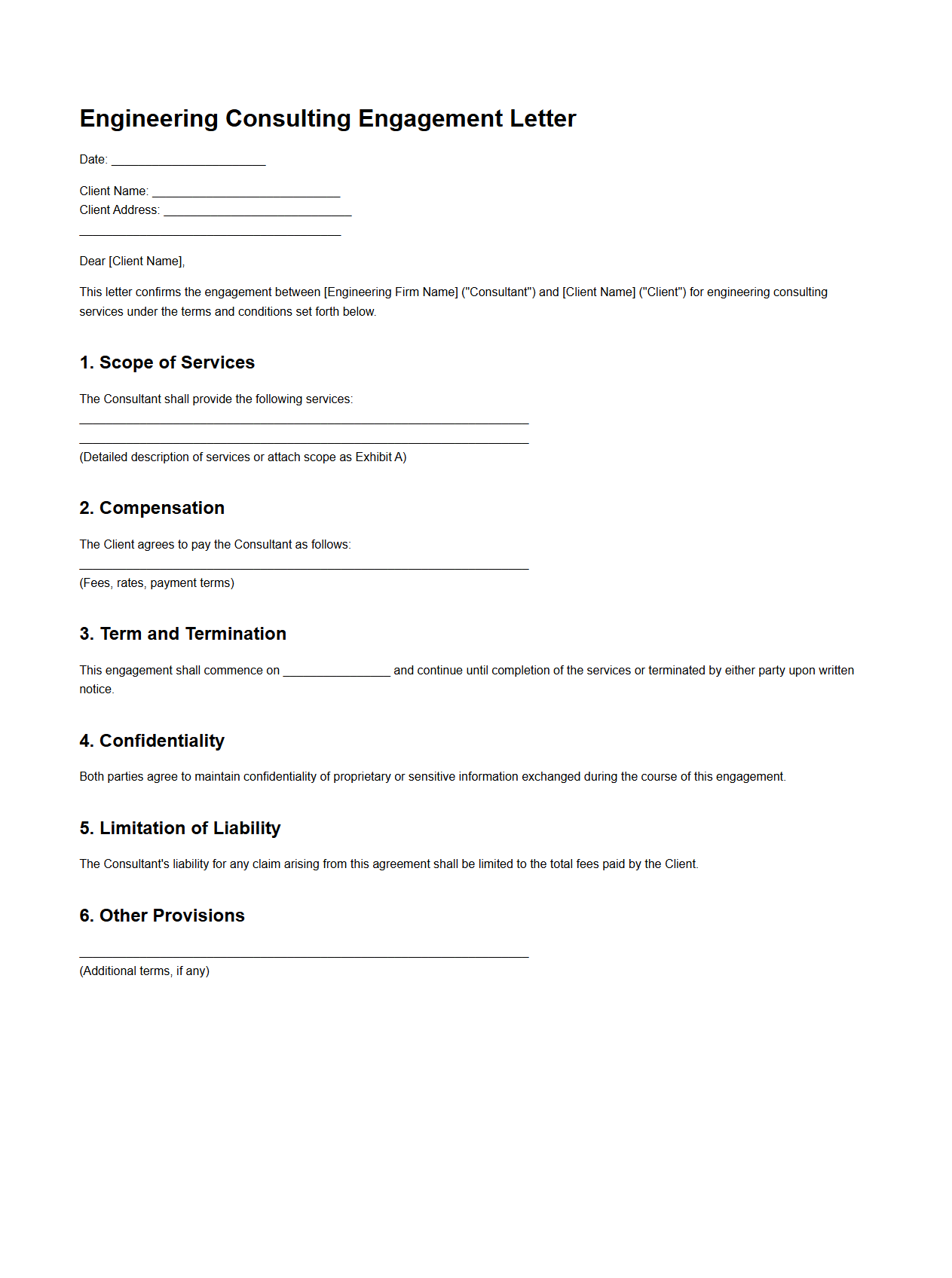 Engineering Consulting Engagement Letter Sample