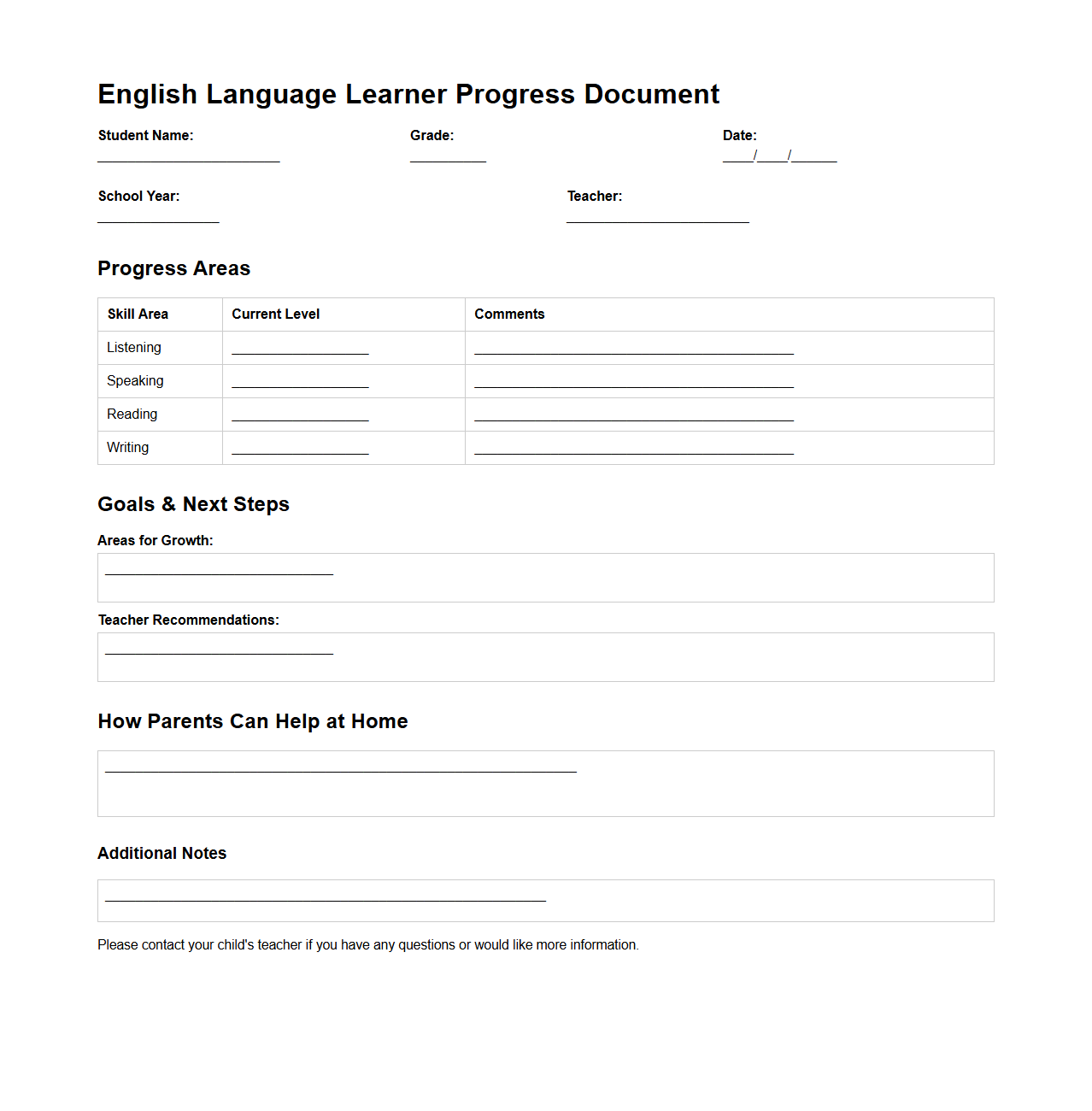 English Language Learner Progress Document for Parent Information