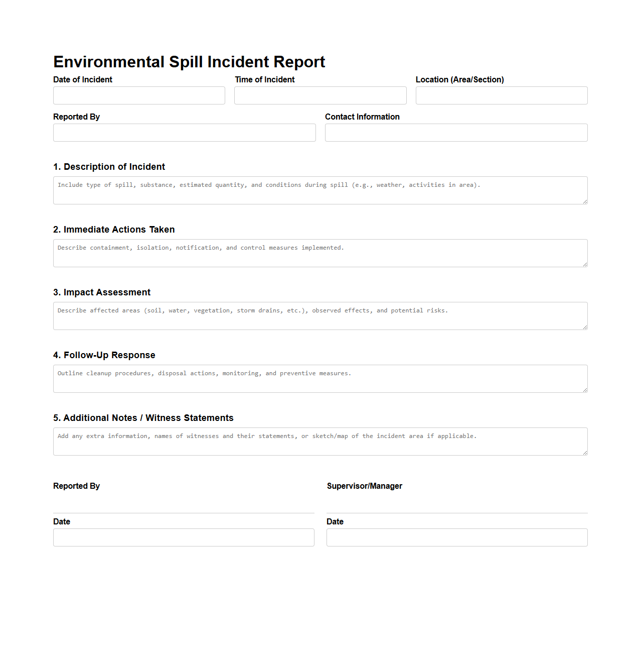 Environmental Spill Incident Report for Construction Areas