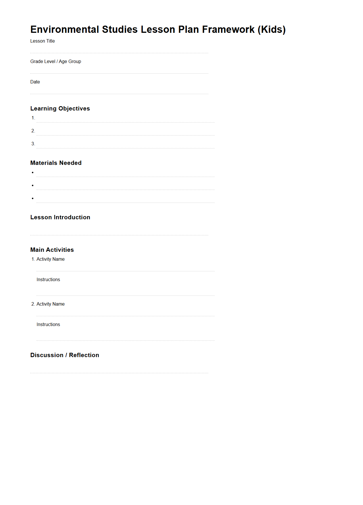 Environmental Studies Lesson Plan Framework for Kids