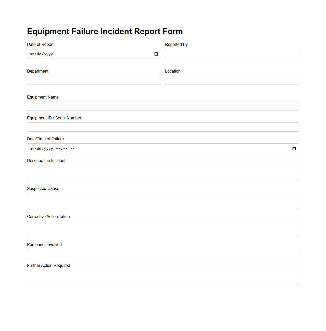 Equipment Failure Incident Report Form