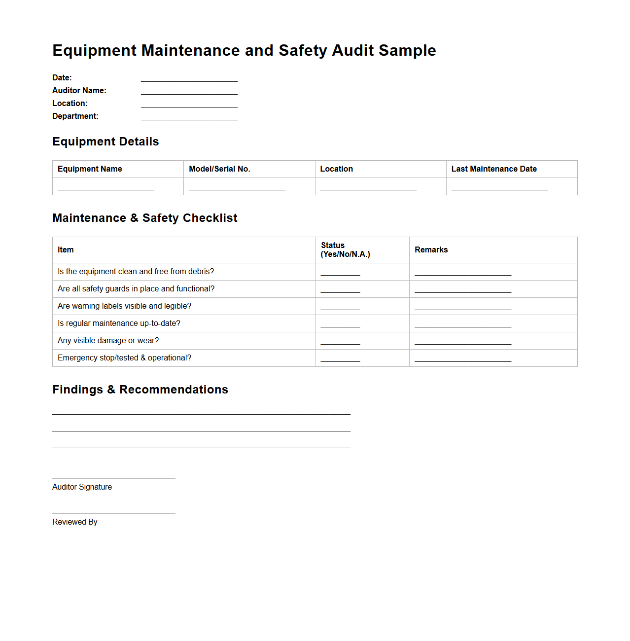 Equipment Maintenance and Safety Audit Sample