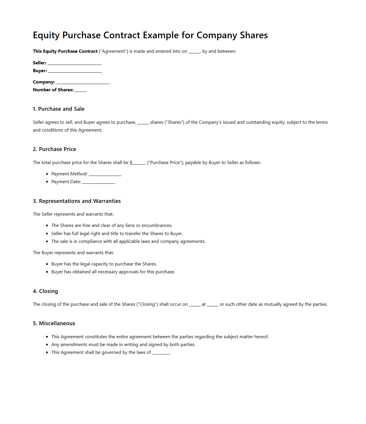 Equity Purchase Contract Example for Company Shares