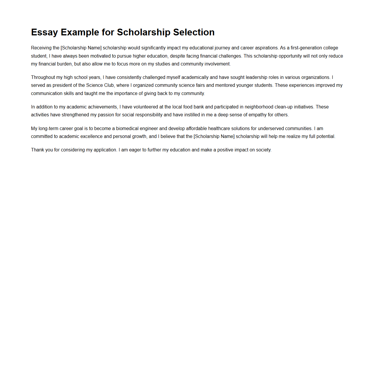 Essay Example for Scholarship Selection