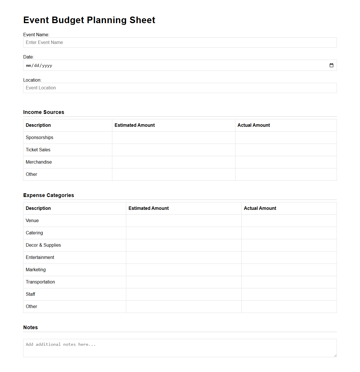 Event Budget Planning Sheet