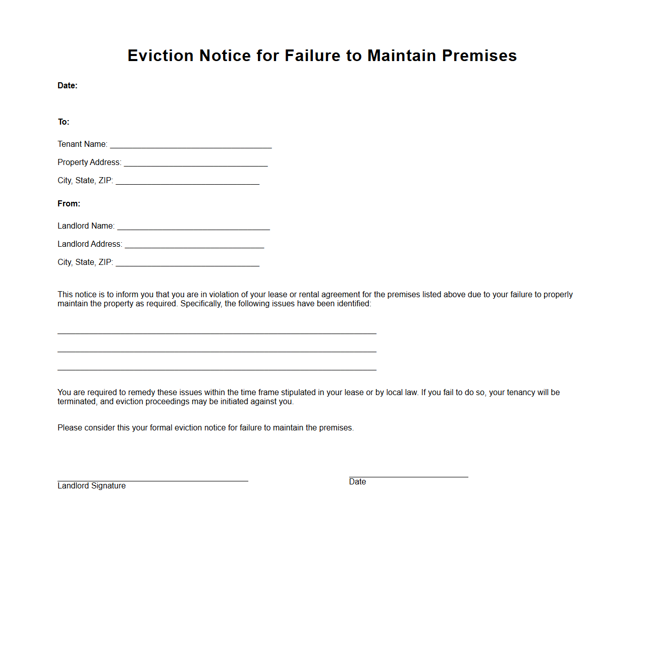 Eviction Notice for Failure to Maintain Premises