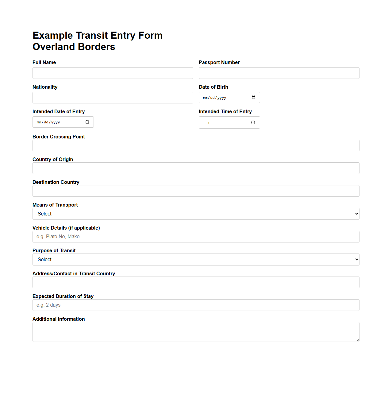 Example Transit Entry Form for Overland Borders