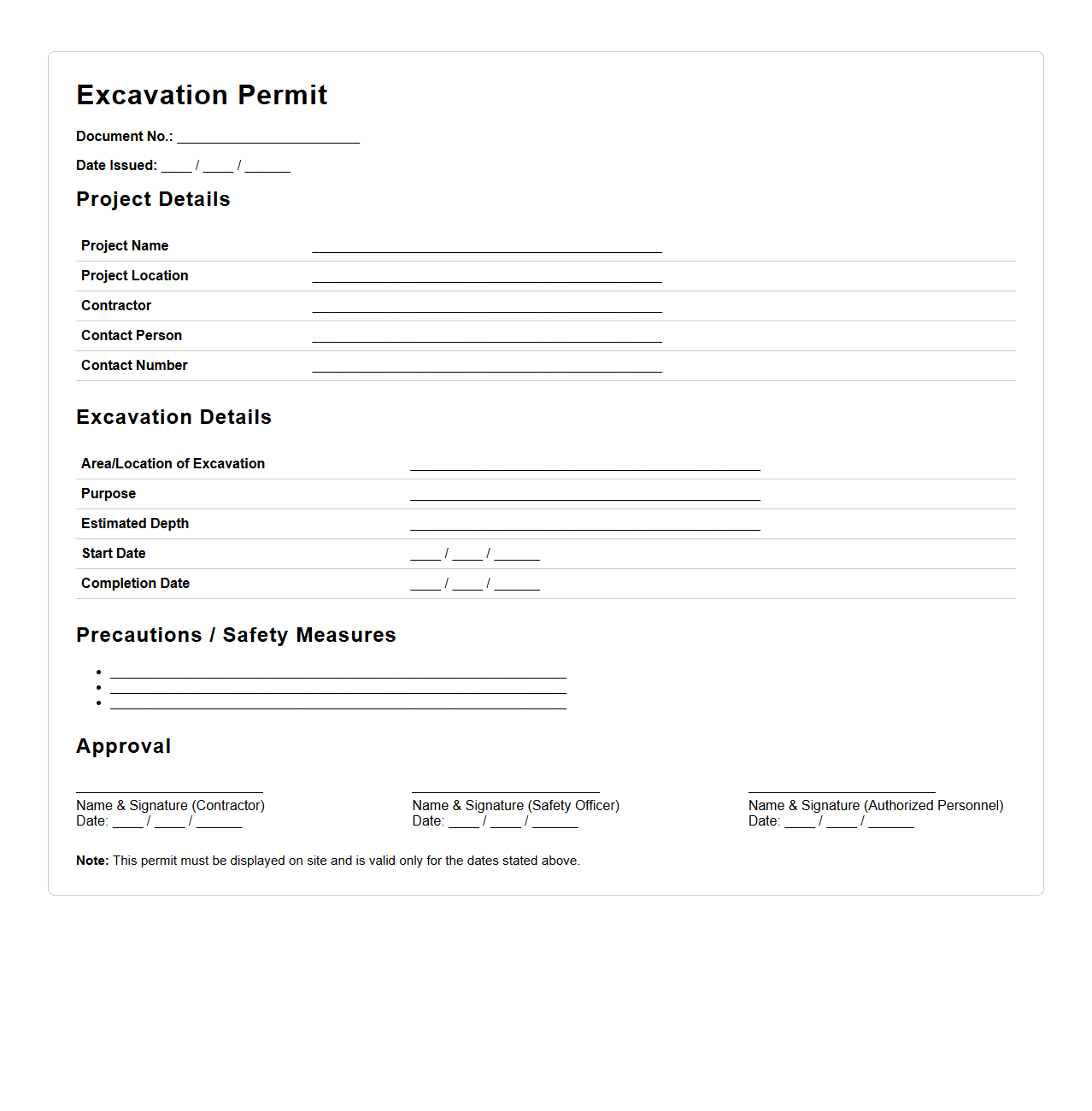 Excavation Permit Document Sample for Construction
