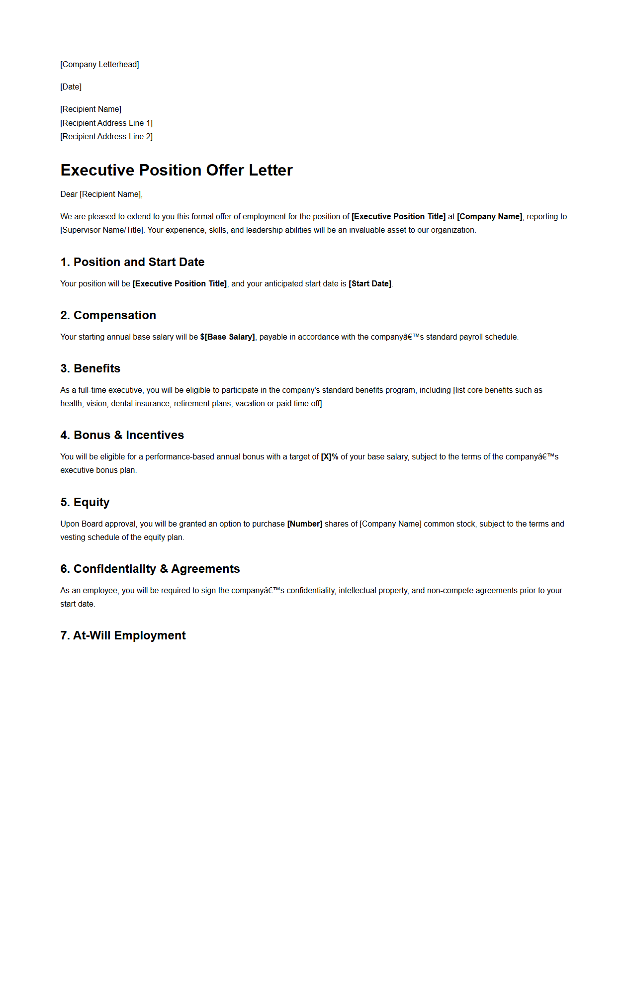 Executive Position Offer Letter Sample