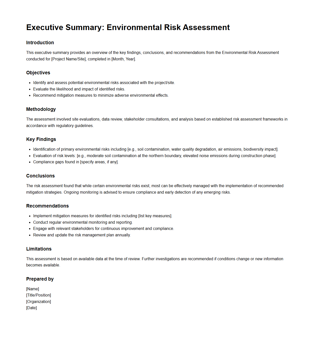 Executive Summary Document for Environmental Risk Assessment