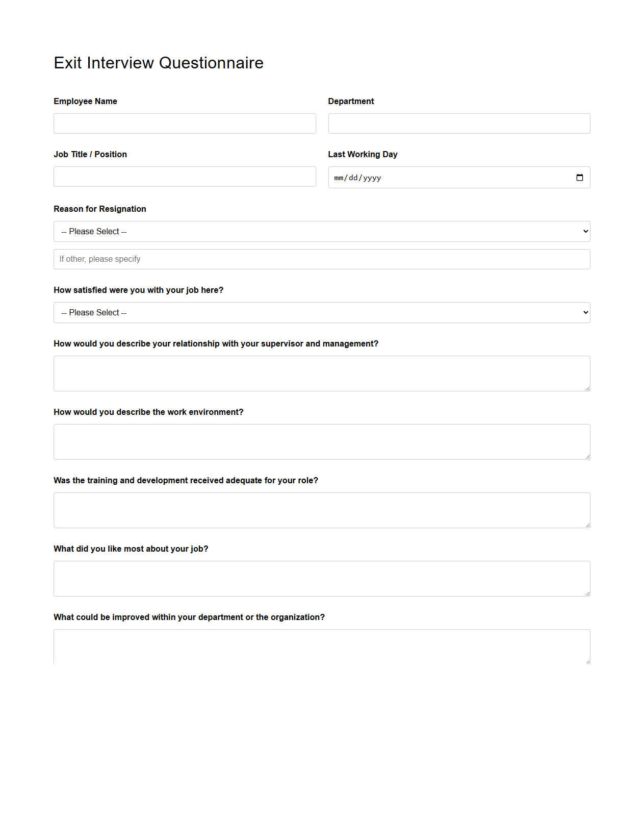 Exit Interview Questionnaire for Resigning Employees