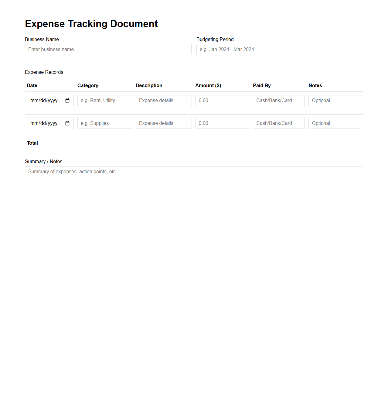 Expense Tracking Document for Small Business Budgeting