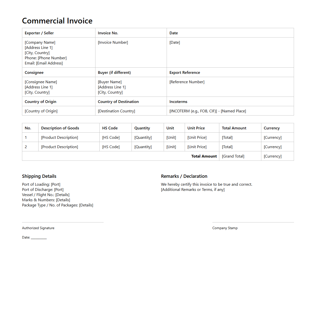 Export Commercial Invoice with Incoterms